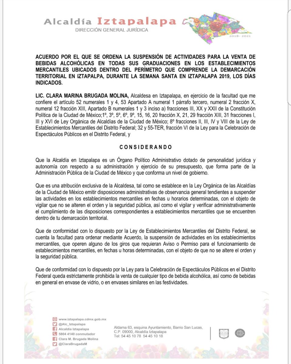 Alc_Iztapalapa's tweet image. Por Acuerdo del #GabineteDeSeguridad, la alcaldesa @ClaraBrugadaM informa que este lunes se determinó establecer #LeySeca durante las 24 hrs. de los días 17, 18, 19, 20 y 21 de abril, mediante la cual se prohíbe la venta de alcohol en todas sus graduaciones en #Iztapalapa.