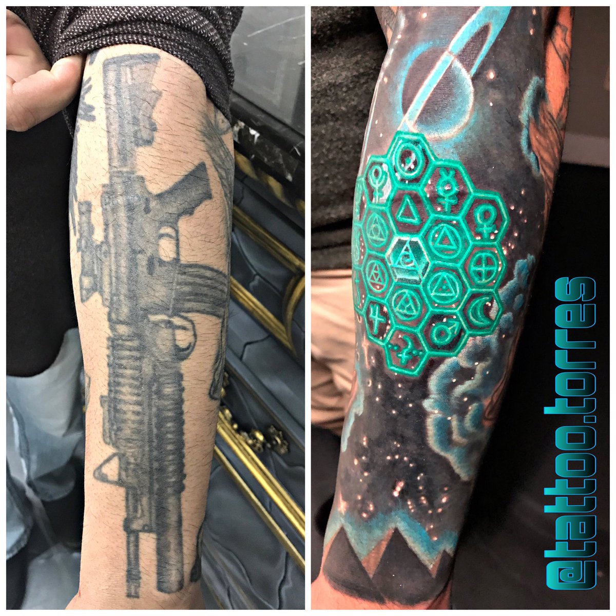 #tattoocoverup taking appointments. #inkfix #tattoohelp #tattoocover #tattoocoverups #galaxytattoo #galaxy #alian #pyramids #tattootorres #glow #saturntattoo #saturn