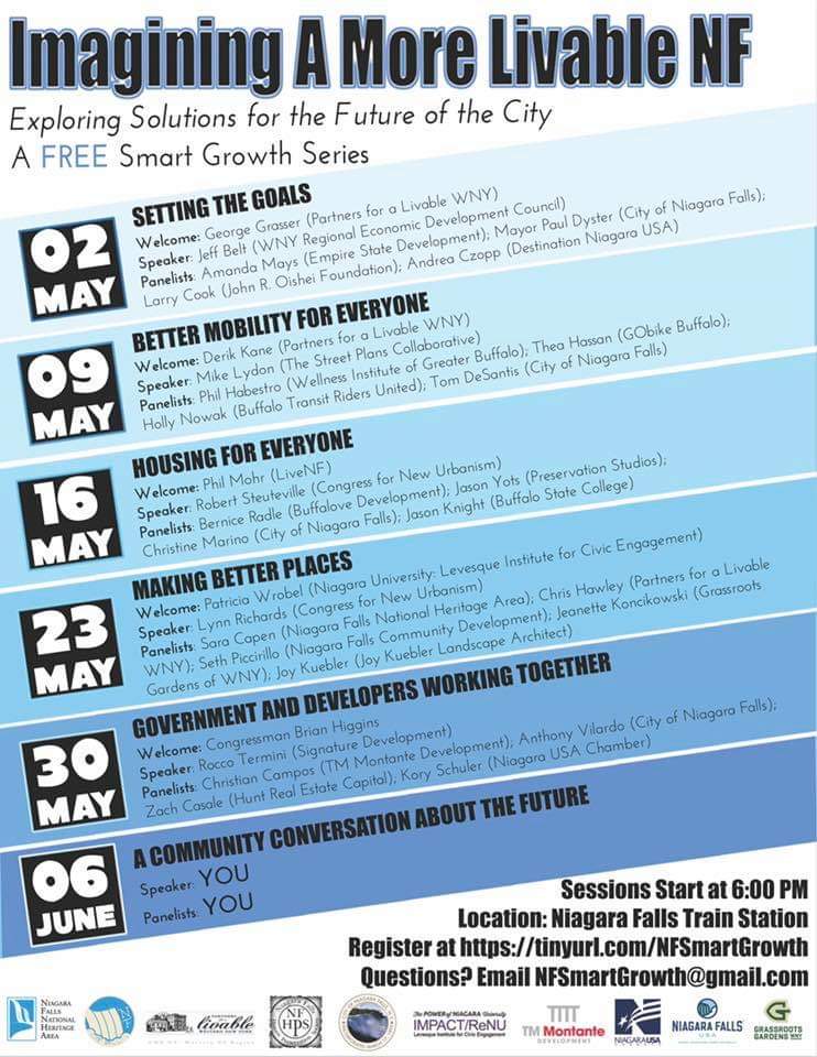 "Imagining A More Livable Niagara Falls," Six Thursday Evenings: May 2nd, 9th, 16th, 23rd, 30th, &amp; June 6th
All Sessions Start at 6:00 PM at Niagara Falls Train Station 825 Depot Ave. W; Niagara Falls, NY 14305 EVENT REGISTRATION:  tinyurl.com/NFSmartGrowth