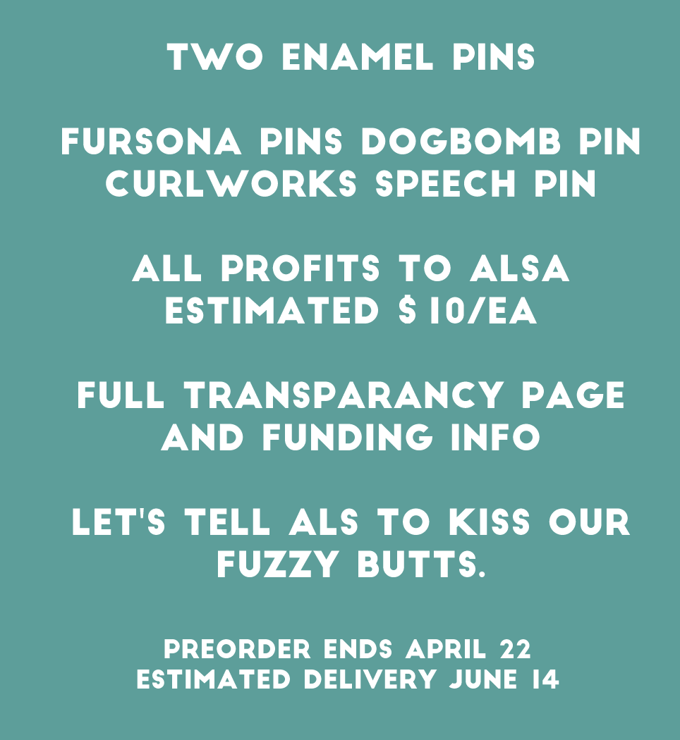 FursonaPins's tweet photo. Let's keep supporting @alsassociation in @dogbomb1 's honor.
@FursonaPins and @CurlworksKigus present a two pin collection: 

ALS Charity Dogbomb Pin and Curlworks Speech Bubble Pin

BUY: https://t.co/QYowetzzwb
TRACK: https://t.co/LLPmiZFsCE
ALL profit to ALSA! FREE US Shipping. https://t.co/jq5d9foElp