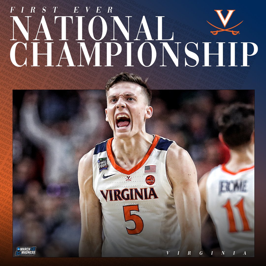 MarchMadnessMBB's tweet photo. FIRST. TIME. FEELING! 🔥

Virginia wins the #NationalChampionship for the first time in school history! #GoHoos https://t.co/HOYnGPZcYw