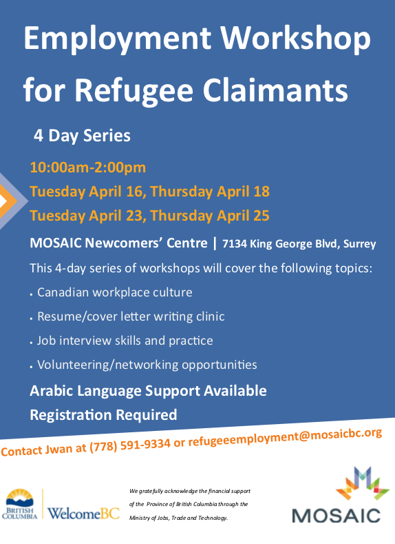 BCRefugeeHub's tweet photo. New 4 Day Series: Employment workshops for refugee claimants @MOSAICBC starting on April 16th. For more information: https://t.co/8hDZxfXLYs https://t.co/bAJe8J0YOD