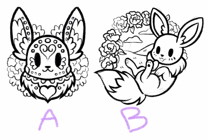 SO I REALLY wanna do a set of Eeveelution enamel pins and now I'm down to TWO design concepts. One design is a sugar skull style with a floral background, the other design has a floral border with a background indicating their type. I can't decide between them aaaaaa !! 