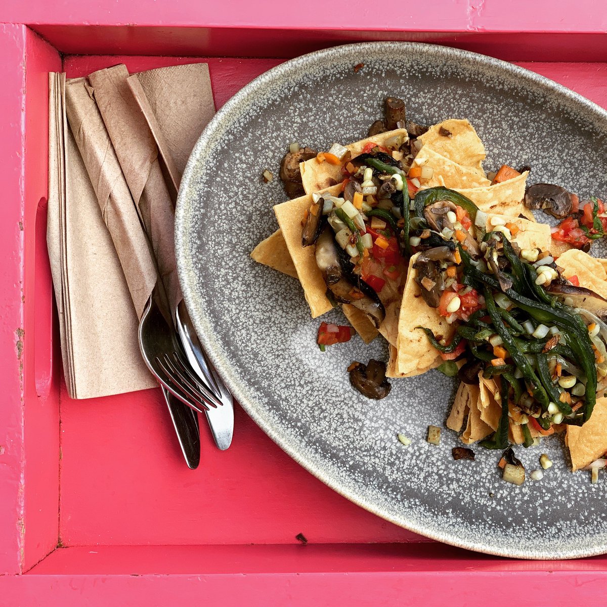 vegApproved's tweet photo. Tulum Diet: vegan nachos on rotation delivered a a pink tray. 
Thank your @mulberryprojectpopup @mulberryproject @lazebratulum. 
#vegapproved #VAfriendly #tulum https://t.co/cVvZw7nSZg