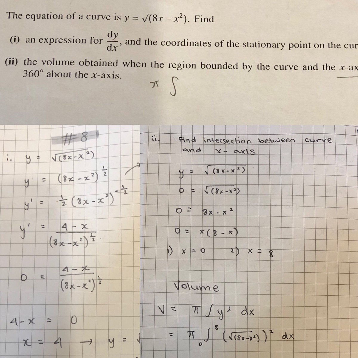 hedy20lim's tweet photo. When answer the question below, she has no problem at all with the calculation.
(i) find first derivative and SP —> ✅
(ii) find intersection points and volume —> ✅
However, still curious with the 3D obtained after rotating the curve.
#G11student
#ASlevelmath 
#CambridgeInt https://t.co/kmoaoBh8dd