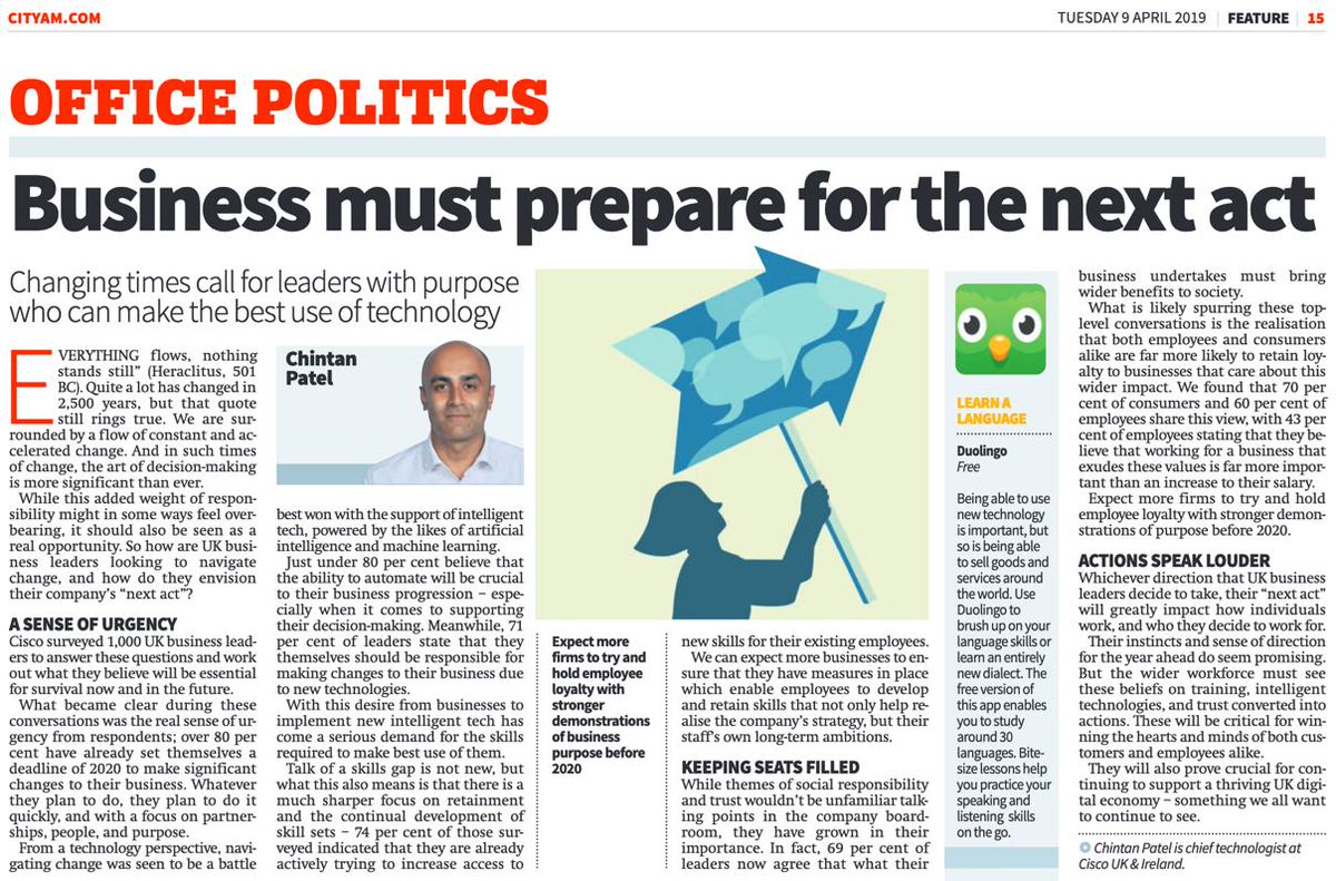 Is your business ready for its next act? Great to have had some of our thoughts written up in today's edition of #CityAM 📰🗞- Not in Central London today? Here is the 💻📱version: go2.cisco.com/NextAct 

#tech #skills #itskillsgap #futureofwork #Cisco #30YearsofPossible