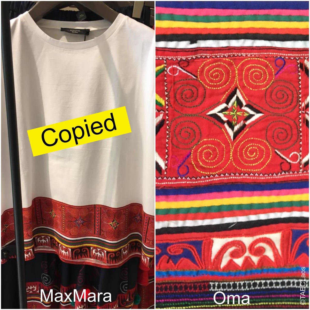 cindyisAWOL's tweet photo. The Oma are a tiny ethnic minority group in rural Laos. @maxmara has plagiarized Oma artisans, slapping a copy-paste of their work onto a $800 factory-made dress. It’s blatant theft. Pls share. (Photo credit @TAEC_LAOS) #MaxOma #artisans #fashion https://t.co/v2zgqNFtoh