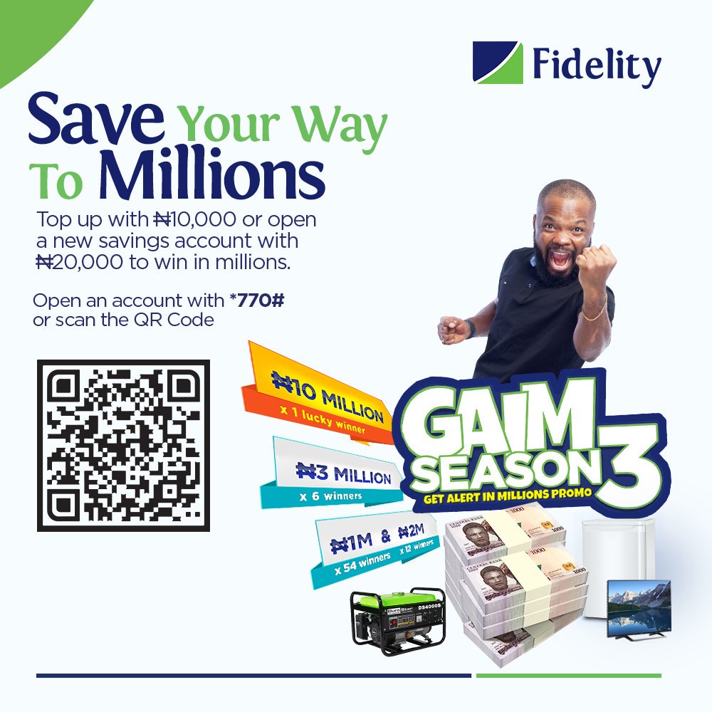 sunny_fab's tweet photo. Save your way to millions today. Open a Fidelity Bank savings account  with just N20,000. You can be next millionaire. #FidelityGAIMPromo https://t.co/IZ5NzkX9y0