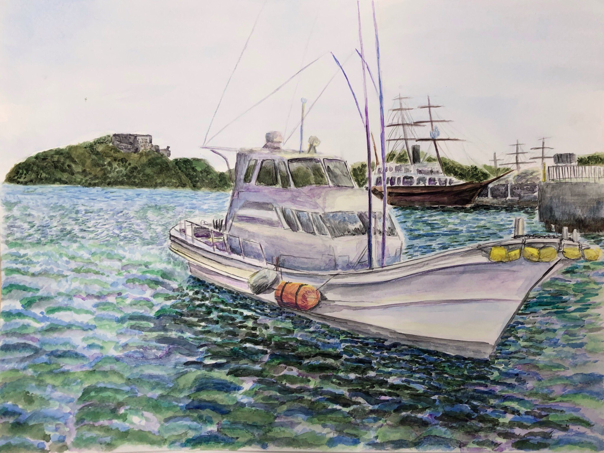 水彩画「漁港－エビ網を干す」 風景画