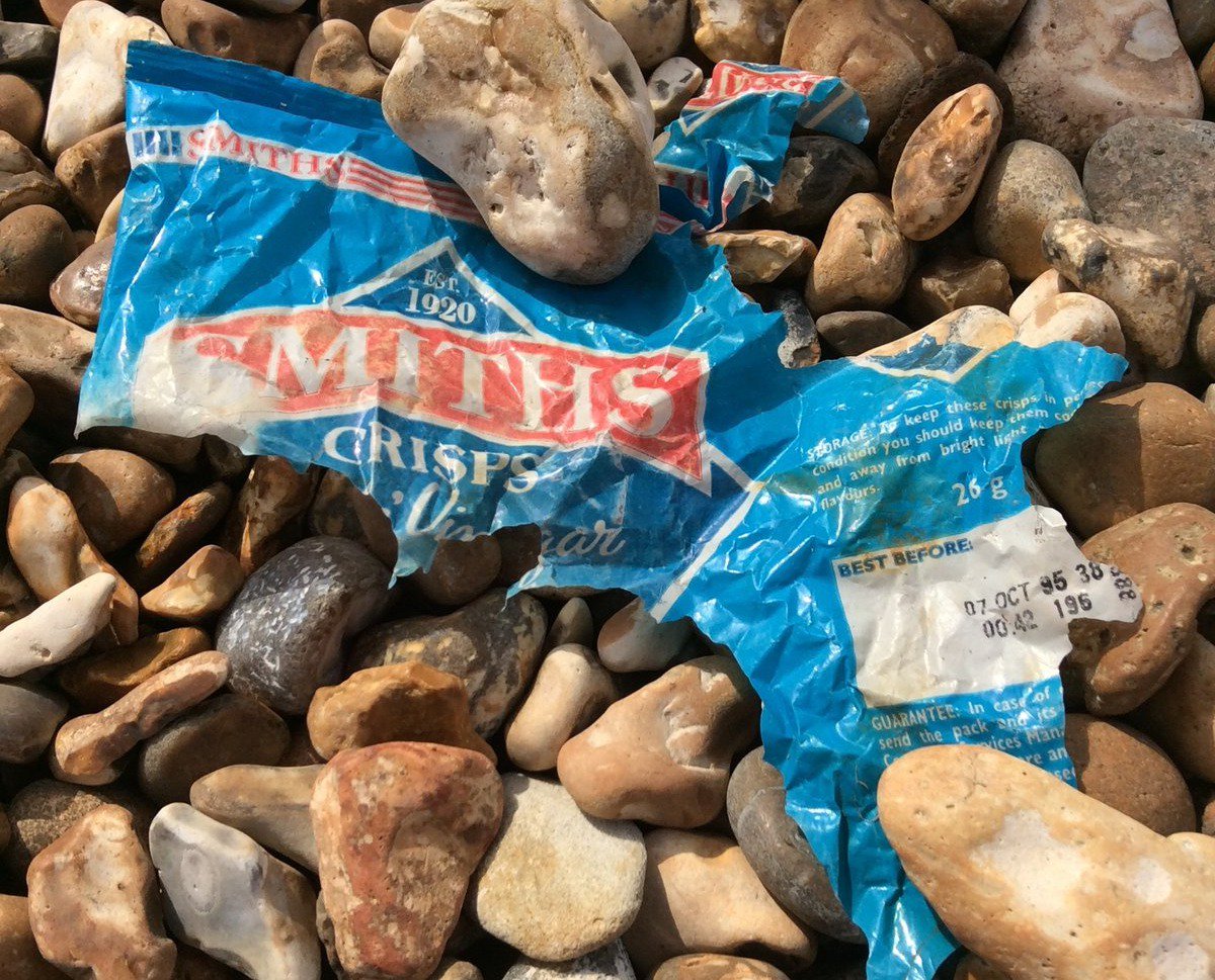 Gut-wrenching image of a 24-year-old crisp packet found on #Southsea beach yesterday at the #bigspringbeachclean - it was older than many of the volunteers. #Plastic doesn't just disappear, but our sea life will if they continue having wrappers for dinner.