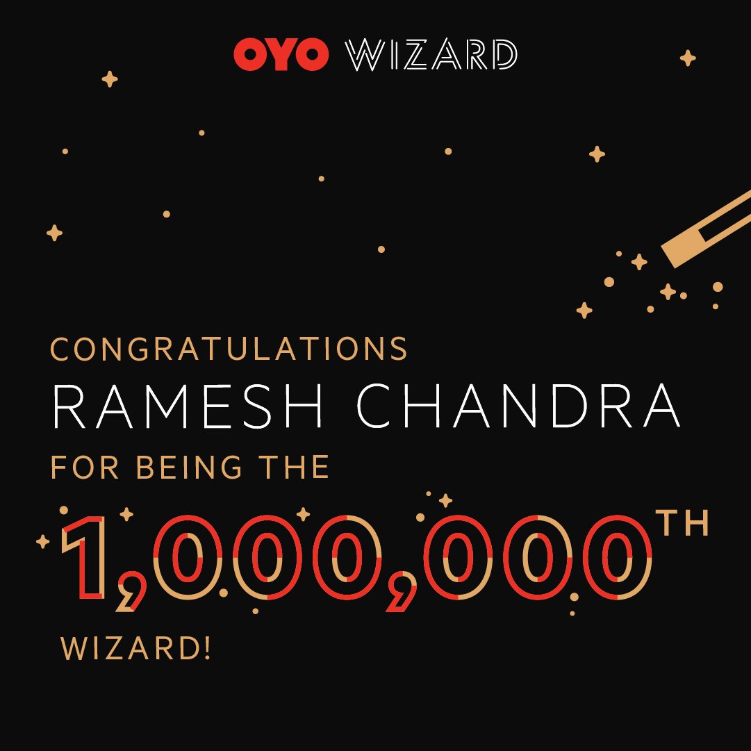 oyorooms's tweet photo. The magic grows stronger.
#OYOWizard has crossed 1,000,000 members! Mr. Ramesh Chandra Semwal was #TheMillionthWizard. Keep an eye on your DM inbox, we’ll be getting in touch with you shortly.
#OYO #travel #savings #magic #OYOtravels #traveltips #traveldiaries #wanderlust https://t.co/xdARWVetS7