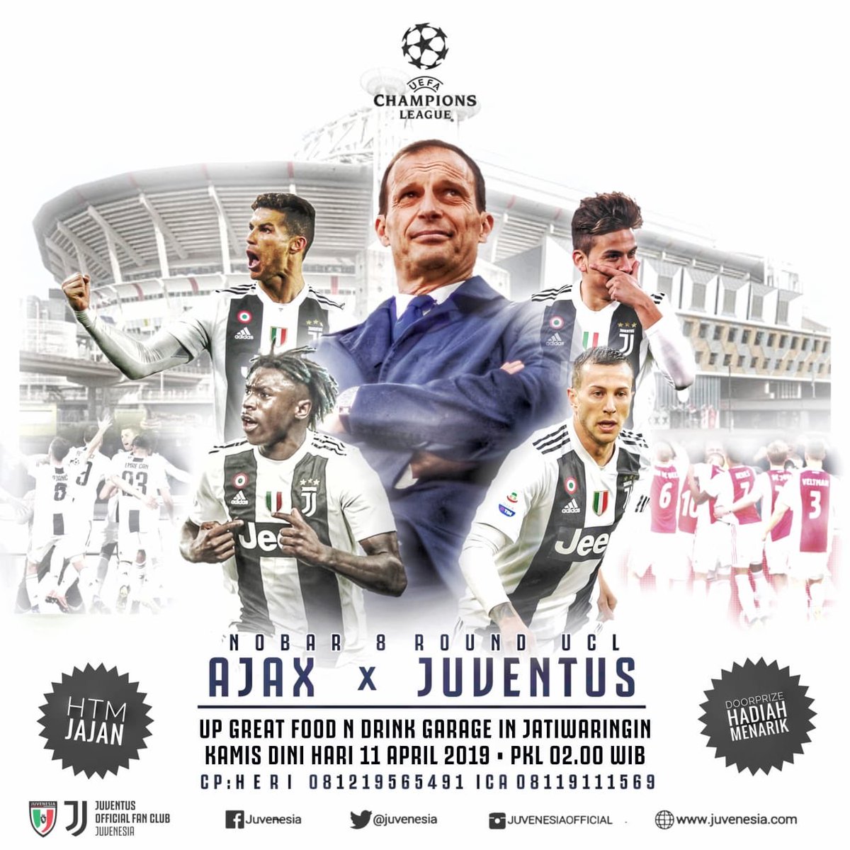 Juvenesia's tweet photo. #Nobar UCL - Ajax vs Juventus - Kamis 11/4 Dini hari Pkl: 2:00wib - Lokasi: @upgreat.id Jatiwaringin - Pondok Gede.
Terbuka utk semua Juventini
#juventus #ucl #ajaxjuve #forzajuve #finoallafine #ju7 https://t.co/YwRSCw1j7J