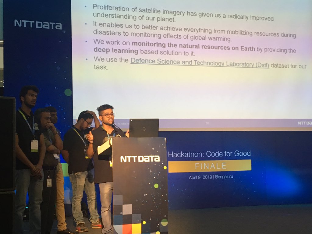 sakshamk's tweet photo. Monitoring of earth resources using satellite imagery. The #ML Model impact Disaster management, resource management, Defence and military - Team TooDeepToBackpropagate #IISc #NTTDCode4Good https://t.co/7OVoEMcKRg