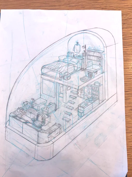 宇宙船の絵の工程です
コピー紙に青シャーペンでラフ描いたら上に紙足して水平線とってパース定規でR曲線→アタリ→下書き→トレスしてミリペンで線画→クリスタで着色 