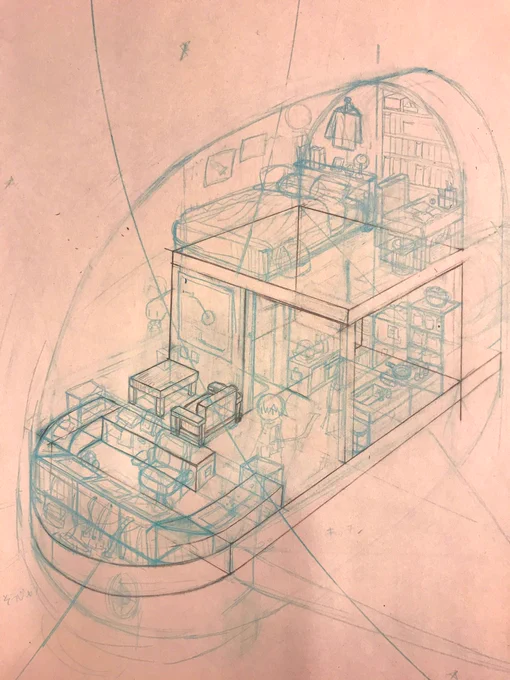 宇宙船の絵の工程です
コピー紙に青シャーペンでラフ描いたら上に紙足して水平線とってパース定規でR曲線→アタリ→下書き→トレスしてミリペンで線画→クリスタで着色 