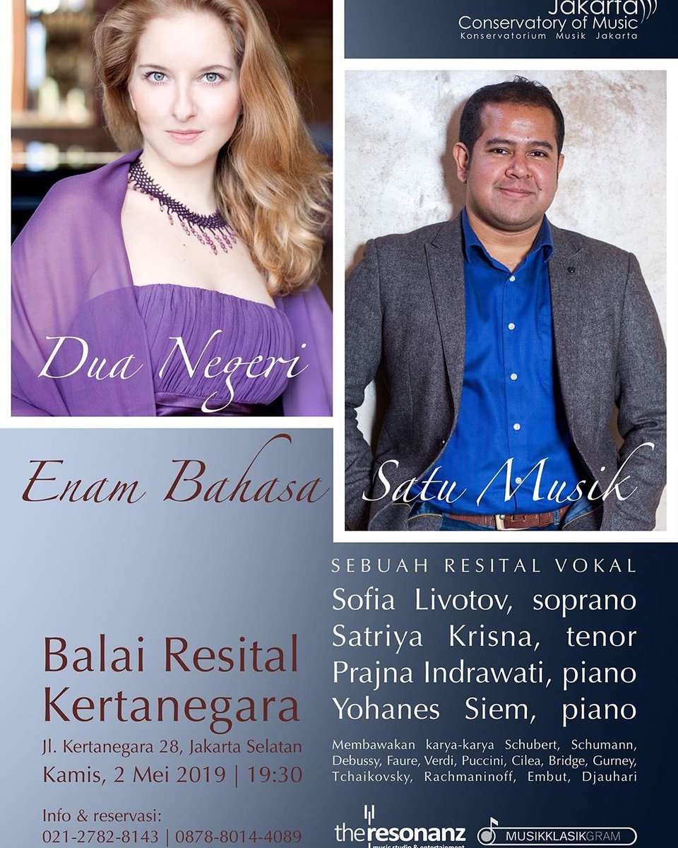 [INFO KONSER]

Jakarta Conservatory of Music

Resital Vokal
Dua Negeri, Enam Bahasa, Satu Musik

2 Mei 2019 | 19.30
Balai Resital Kertanegara, Jakarta

Sofia Livotov, soprano
Satriya Krisna, tenor
Prajna Indrawati, piano
Yohanes Siem, piano

Reservasi:
02127828143 / 087880144089
