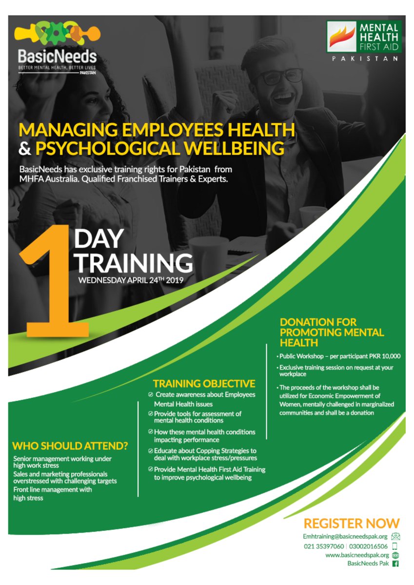 BNP is going to organize one day workshop on managing employee health and psychological well being on 24th April. Register yourself on 03002016506 or Emhtraining@basicneedspak.org