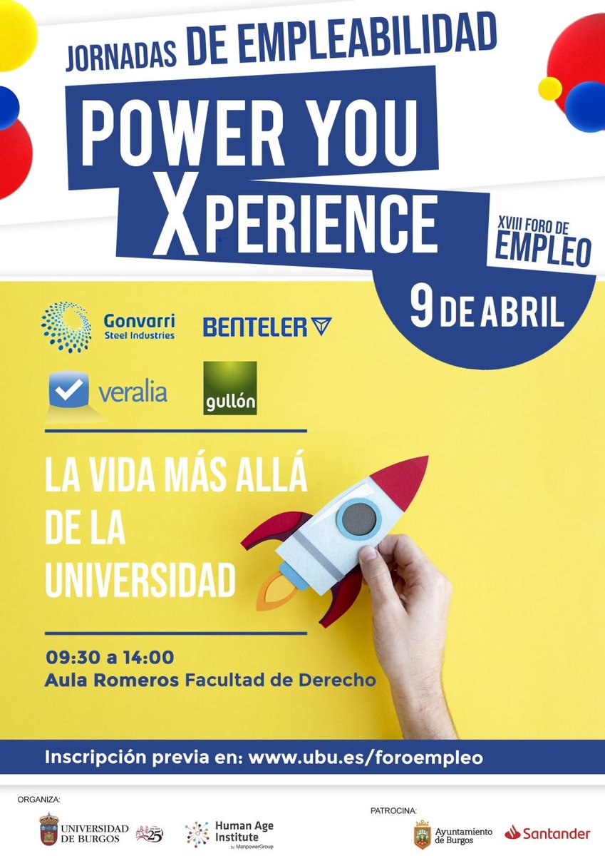 UBUEstudiantes's tweet photo. #Agenda_UBU | XVIII Foro de Empleo. Jornadas PowerYou Xperience
• Martes 9 de abril de las 09:30 hasta las 14:00 h.
• Facultad de Derecho
https://t.co/S4ePfnWOaW https://t.co/vaVb0jfkFt