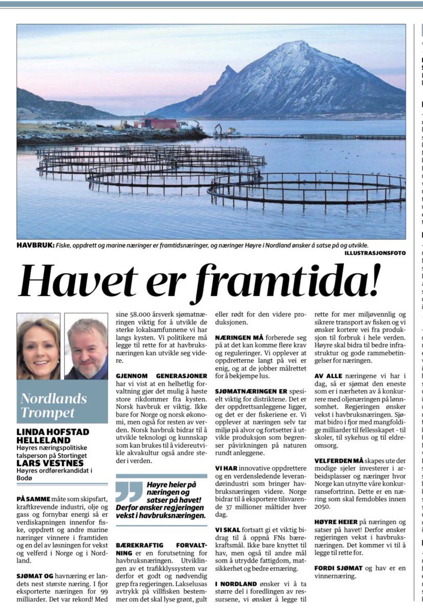 På en dag hvor Stortinget skal debattere forslag som vil gjøre det vanskeligere for Norge å skape flere gode arbeidsplasser innen havbruk, er <a href="/Hoyre/">Høyre</a> opptatt av å se muligheten havet gir oss. Dagens #AvisaNordland #HvaSkalViLeveAv