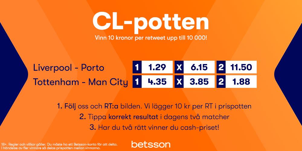 #CLPotten är tillbaka! ⭐

🔸RT &amp; följ
🔸Tippa korrekt resultat i matcherna
🔸Vinn cash!

10 kr per RT läggs till i prispotten. Om fler får 2/2 delar man!

⌚Spelstopp 21.00