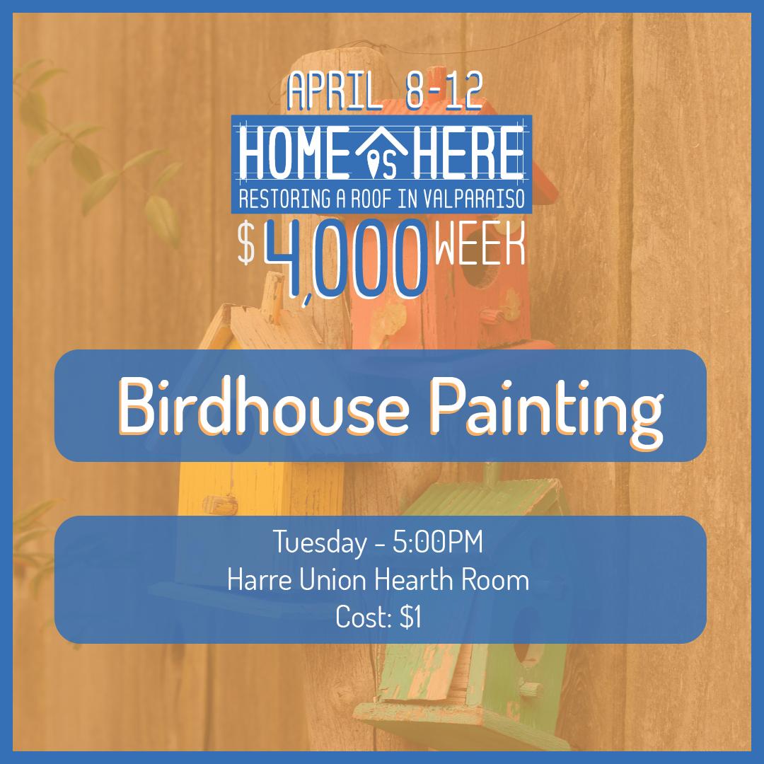 ValpoSALT's tweet photo. Join us today at 5:00PM in the Harre Union Hearth Room to paint a  birdhouse! Cost $1.  Check the pics to see the top 3 profs for Pie a Professor so far! You can now donate anytime, anywhere via Venmo! @valposalt, just include the prof's name in the message! https://t.co/L6Ik644GPh