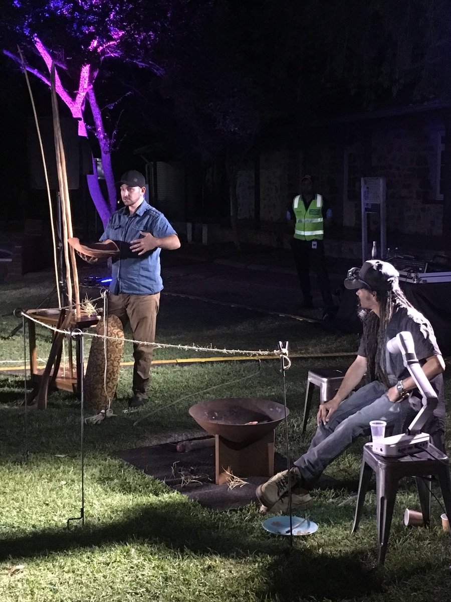 IsbergSally's tweet photo. Making spears ⁦@Parrtjima⁩! Mica and Patrick Laughton imparting knowledge of a dying culture. Great work fellas! The kids and I learned heaps! #keepingitalive #livingculture https://t.co/xV52LRoVg8