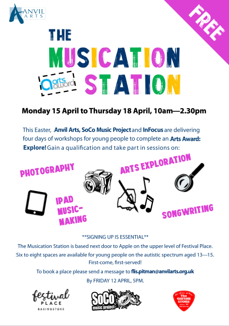BstokeFestival's tweet photo. Aged 13-15 and on the autistic spectrum? At a loose end next week? A great opportunity! #LoveBasingstoke @AnvilArts #MusicationStation @blovefestival https://t.co/viI7089pNA