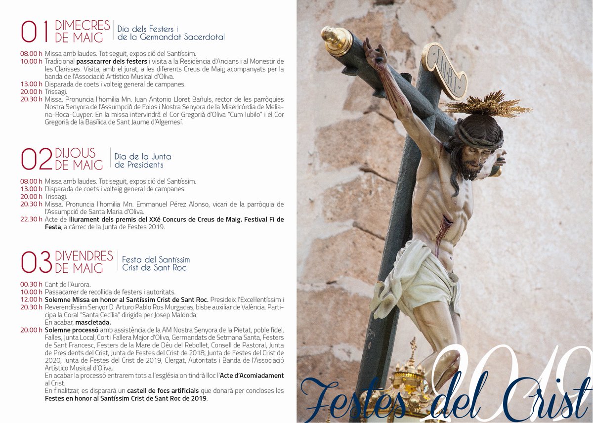 GentdOliva's tweet photo. El próximo 3 de mayo, festivo local, Oliva celebra el día del Santísimo Cristo de San Roque. Consulta la programación prevista organizada por la Junta de Fiestas del Cristo con la colaboración de la concejalía de Fiestas del @AjuntamentOliva. #CristodeSanRoque #CristdeSantRoc https://t.co/uT9mDmvKim