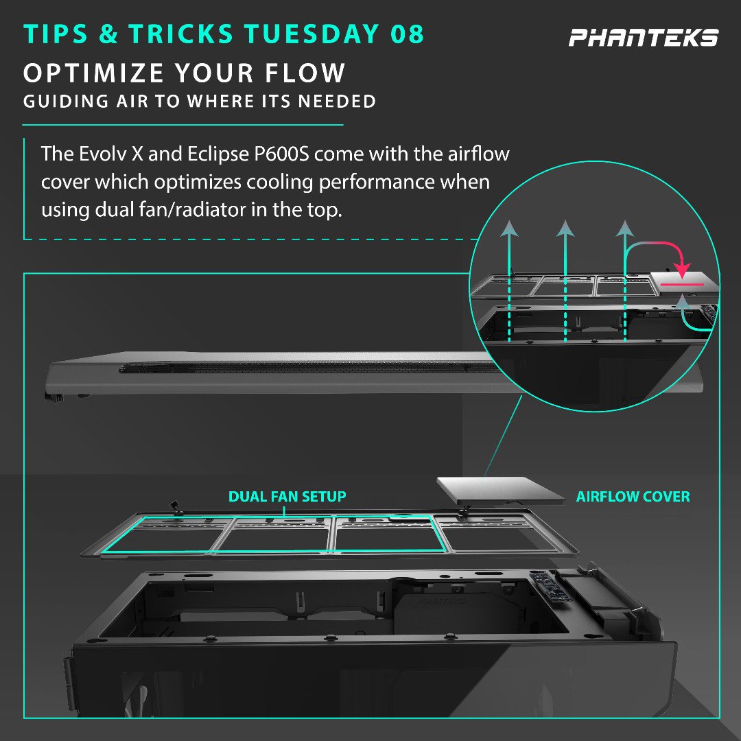Phanteks's tweet image. One of the most concerning part about building your computer is having an efficient airflow. To better assist you the Evlov X and Eclipse P600s comes with an airflow cover. 

For more information visit: phanteks.com

#phanteks #evolvx #eclipse #p600s