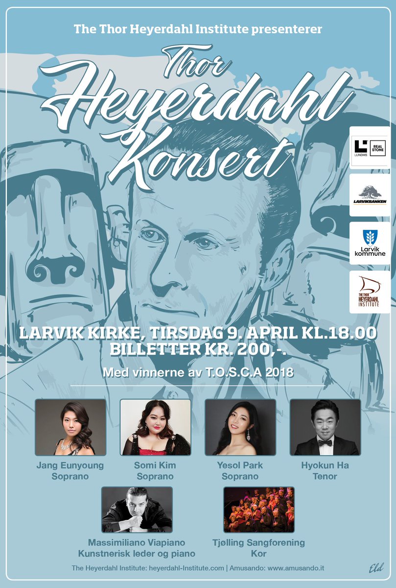 HeyerdahlInstit's tweet photo. Velkommen til en magisk aften! 
I kveld, 9. APRIL KL.18.00
The Thor Heyerdahl Institute presenterer:
Thor Heyerdahl Konsert i Larvik Kirke.
Med vinnerne av den italienske opera-konkurransen T.O.S.C.A 2018 og Tjølling Sangforening. https://t.co/hteYRzeVHn