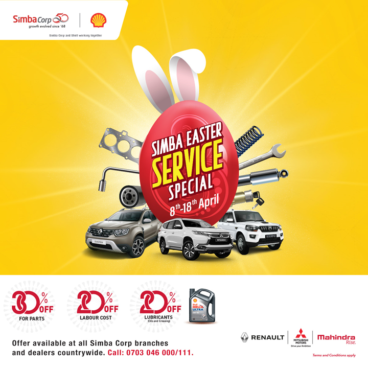 simbacorp_ke's tweet photo. It’s here! Take advantage of discounted rates on selected models. With 30% off on genuine spare parts & 20% off on service and lubricants, you cannot afford to miss out on this Easter offer! Call 0703046000/0703046111 to book! #SimbaServiceSpecial https://t.co/Ycx8wnGuTt
