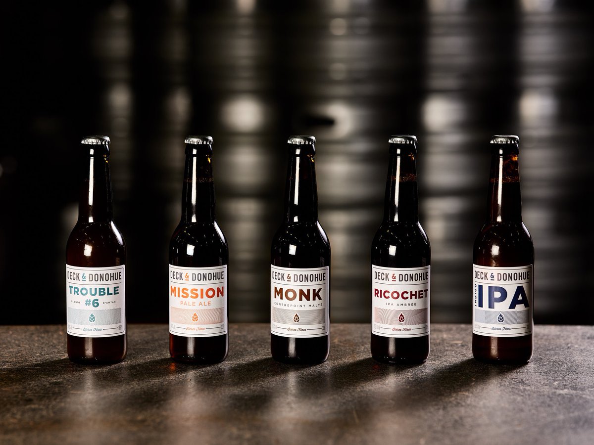 JustCraftCo's tweet photo. Brasserie Deck &amp; Donohue, Montreuil

Trouble #6, Blonde 4.8%
Mission Pale Ale 4.8%
Monk, Brown Ale 5.3%
Ricochet, Hoppy Amber Ale 5.5%
Indigo IPA, 6.5% https://t.co/UMfuUXFzoh