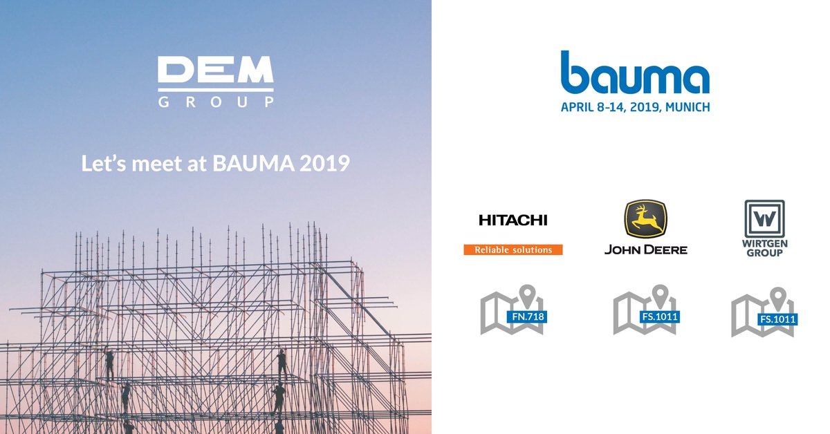 DEM_Group's tweet photo. 🤝 Let's meet our team at @baumaOfficial 2019. Join us at our partners booths :
▪️ @HitachiCME : FN.718
▪️ @WirtgenGroup : FS.1011
▪️ @JohnDeere : FS.1011
#bauma2019 #DEMGroup #Hitachi #JohnDeere #WirtgenGroup https://t.co/YLmPs5Z2qM