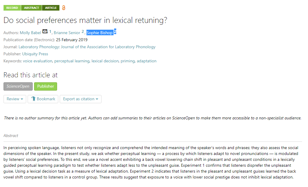 Science_Open's tweet photo. ‘Do #social preferences matter in #lexical #retuning?’ an #openaccess article in the #ScienceOpen collection ‘Laboratory #Phonology’ @LabPhon. #linguistics  
https://t.co/IckUMcsc85 https://t.co/yI5MvOFRUi