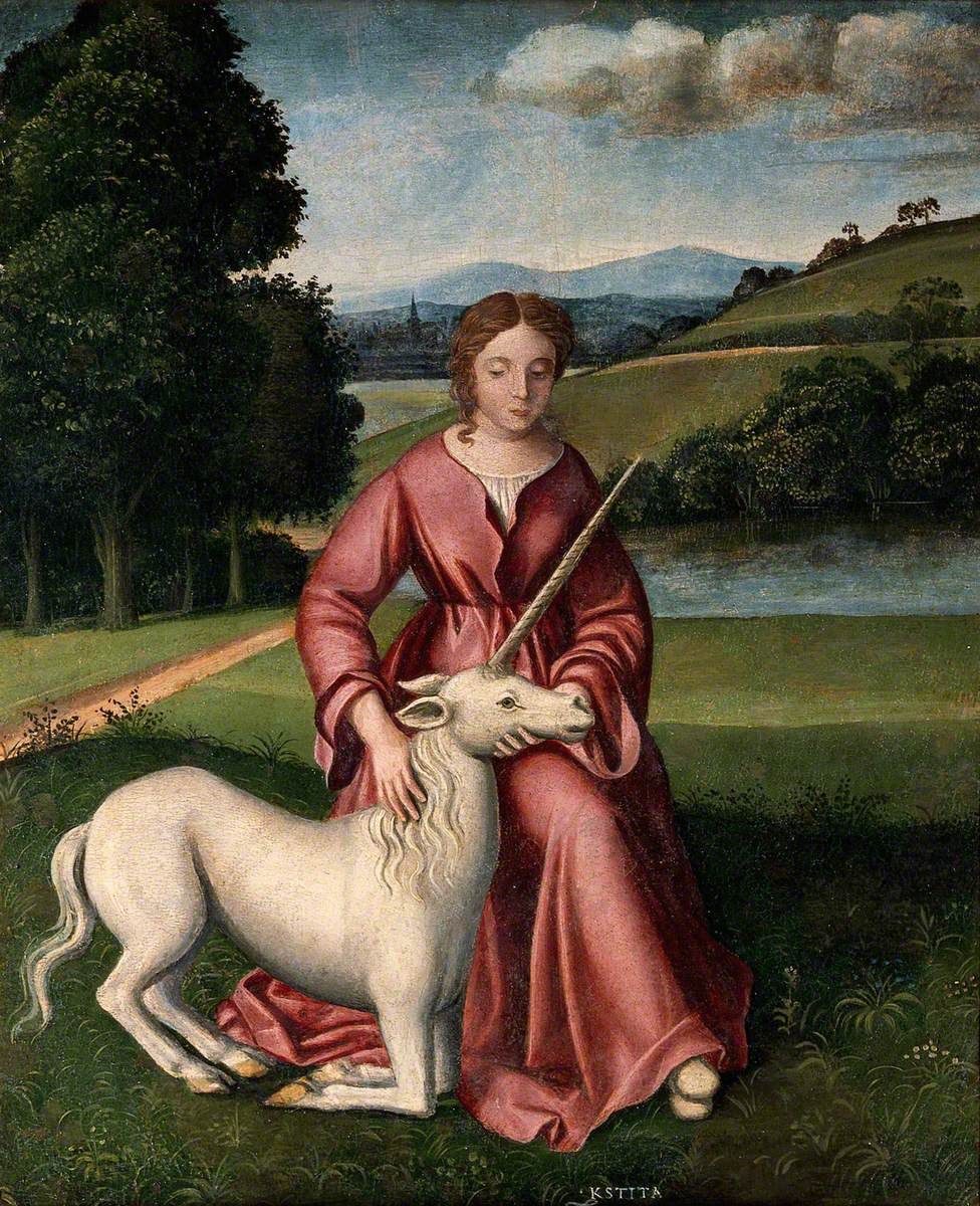 *David Attenborough voice*
Here we see the majestic unicorn kneeling calmly next to a virginal maiden. It's very rare to spot one in the wild. #NationalUnicornDay 🦄

'A Virgin and a Unicorn, Representing Chastity' by Dosso Dossi (c.1486–1542 (circle of), <a href="/ExploreWellcome/">Wellcome Collection</a>