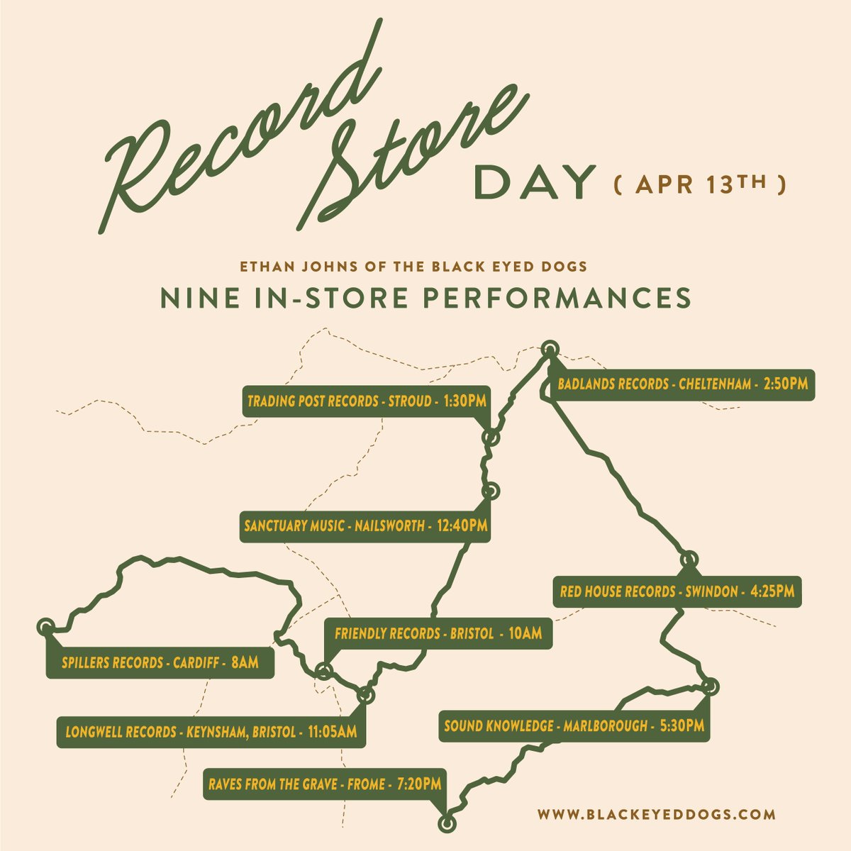 Ethan Johns (of the Black Eyed Dogs) will be playing 9 (yes 9!) instore performances this Saturday for Record Store Day. Find all of the stores he'll be appearing at in the map below. <a href="/RSDUK/">Record Store Day UK</a> #RSD2019