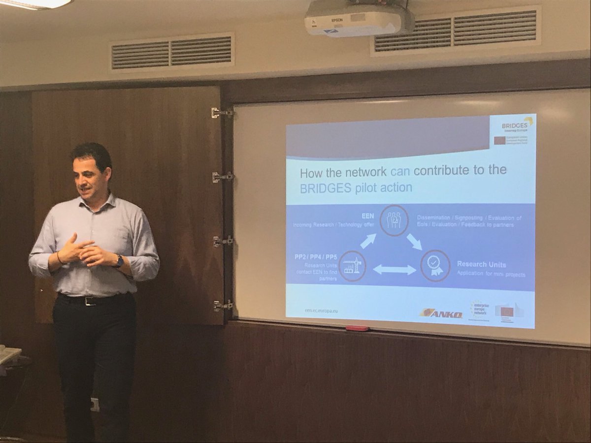 Bridgesinterreg's tweet photo. BRIDGES mid-term conference, day 2. On the agenda today the discussion on phase 2 activities and opening the pilot action. Spyros Kellidis from ANKO explains how the ⁦@EEN_EU⁩ can support the implemenation of the pilot. https://t.co/IhCePDzquW