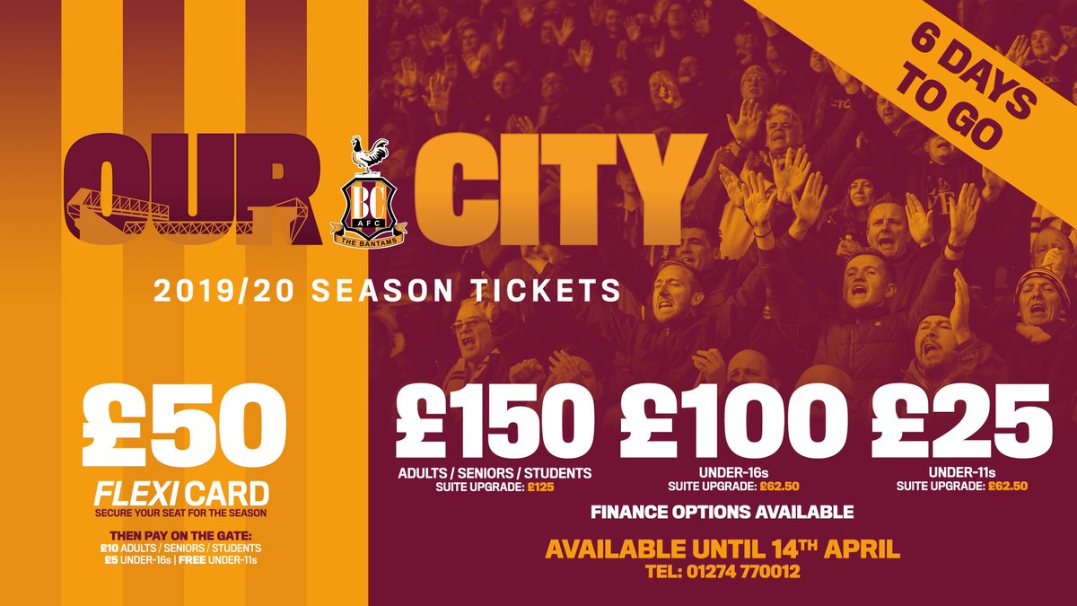 ⚠️ 6 DAYS TO GO | #OurCity season-ticket prices will RISE by up to 50% after Sunday April 14!

➡️ | Secure your seat for the 2019/20 season here: bit.ly/OurCitySTOnSale

#BCAFC