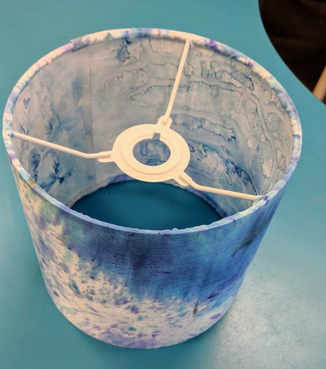manc_technology's tweet photo. Year 10 students adding an embroidered design ready for applying to their handmade lampshade. Students applied colour to the shade using inks and Brusho techniques. @needcrafters #dannells #Brusho #DT #art #lamp https://t.co/c4ncj4GRy6