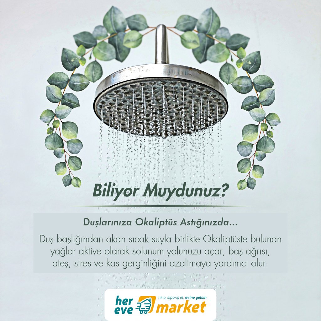 BİLİYOR MUYDUNUZ?
Duşlarınıza Okaliptüs Astığınızda...

herevemarket.com

#sagliklibeslenme #sebze #meyve #manav #saglikligida #organikgida #herevemarket #izmir #bornova #market #evesiparis #eglencelialisveris #alisveris