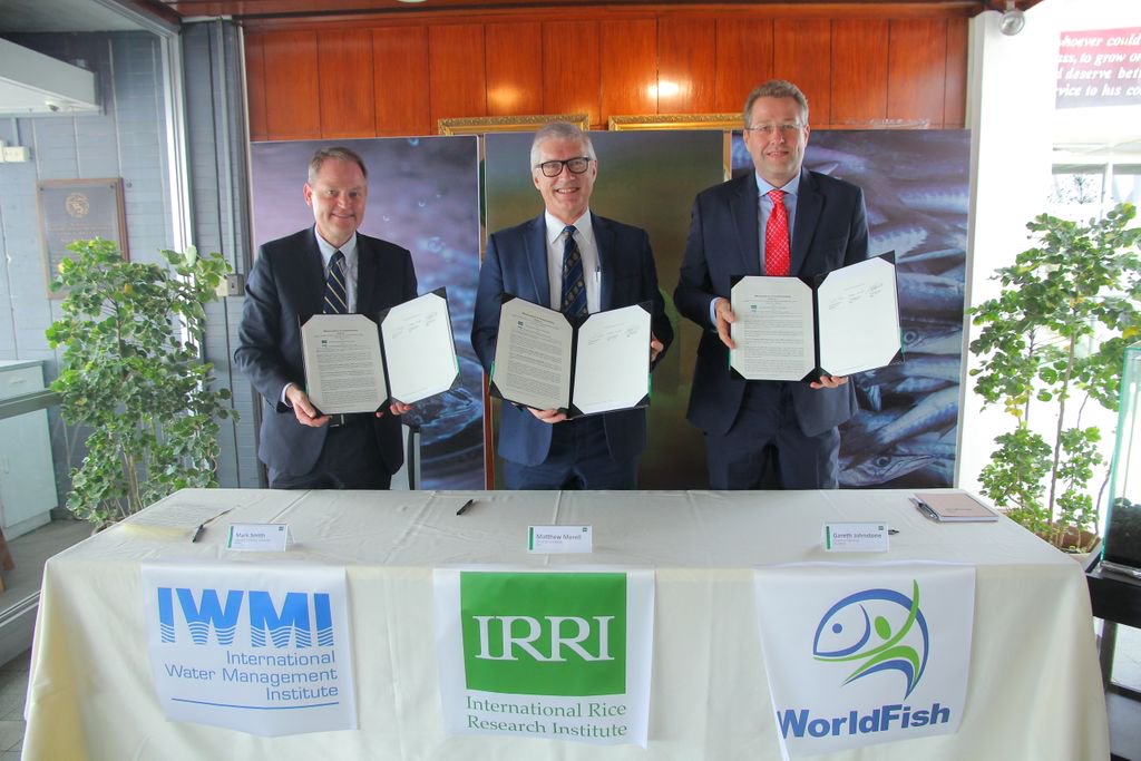 WorldFish together with <a href="/irri/">IRRI 🌾</a>, <a href="/IWMI_/">IWMI</a> commit to a food system transformation in Southeast Asia, signing a five-year tripartite MOU: bit.ly/2In46QD. 

From left to right: Deputy DG Mark Smith, and Directors General Dr. Matthew Morell and Dr. Gareth Johnstone.