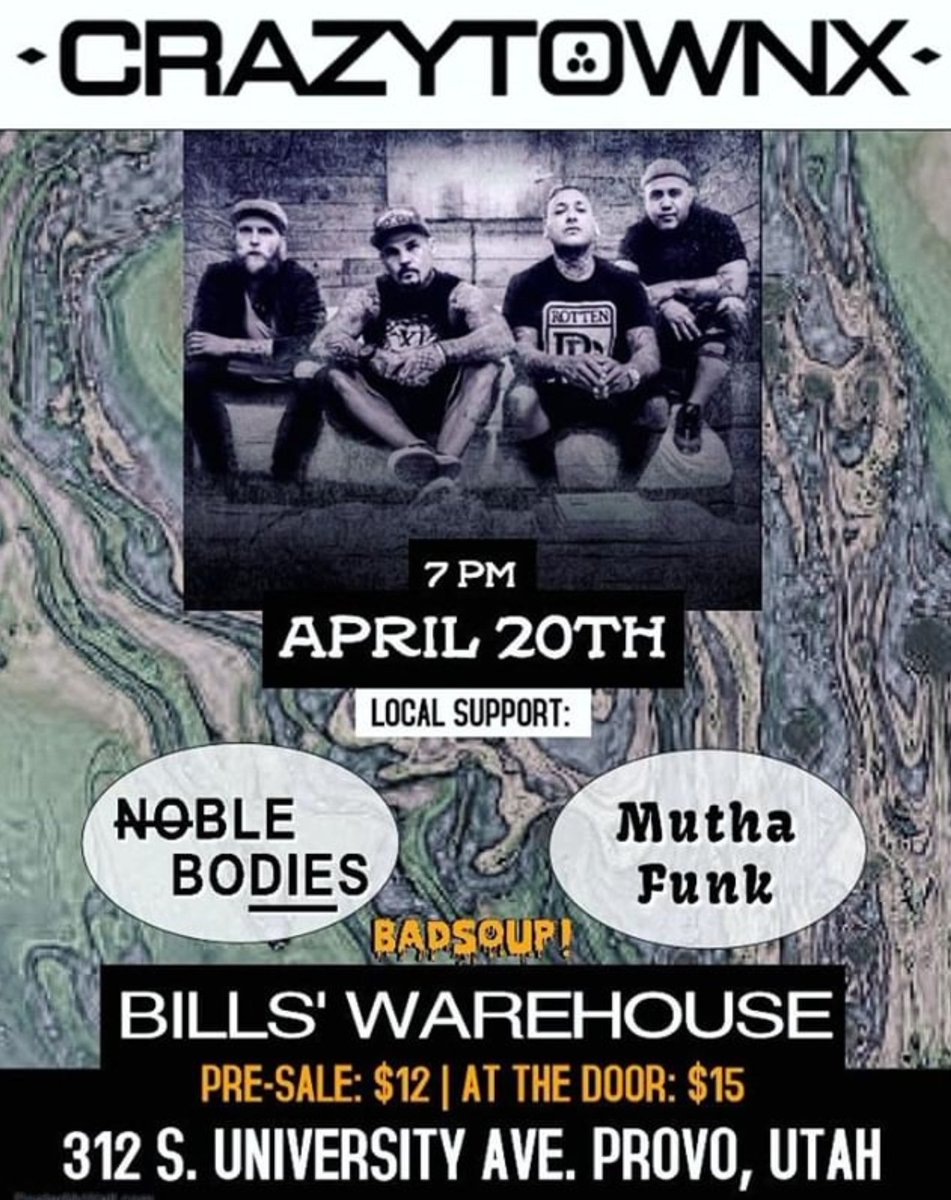 Check us out in Provo, UT playing with <a href="/CrazyTownBand/">CRAZYTOWN</a> April, 20th at <a href="/BillsWarehouse/">Bills' Warehouse</a> Tix available now @ eventbrite.com.au/e/crazy-town-a…