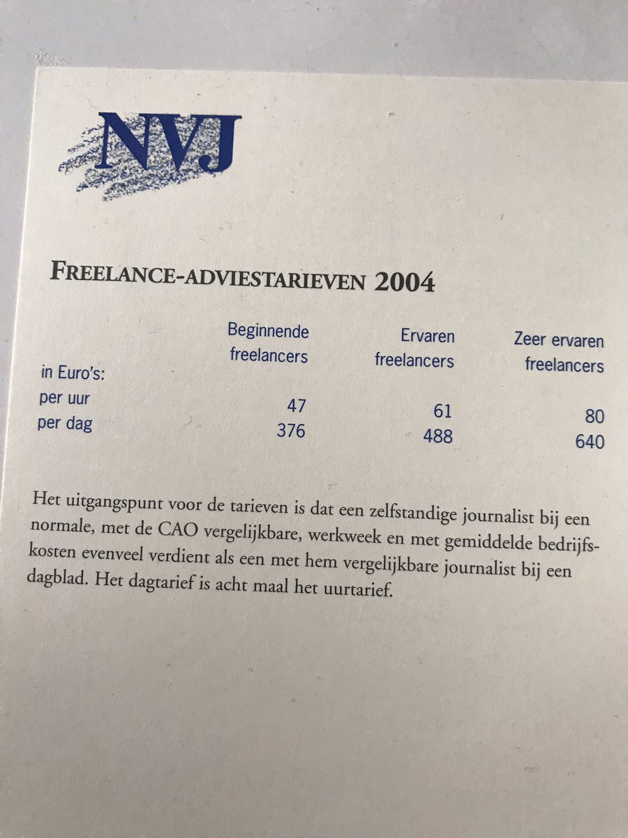 Ik vind net een kaartje met freelance-adviestarieven van de <a href="/nvj/">Nederlandse Vereniging van Journalisten</a> uit 2004 en nu ben ik even huilen in een hoekje.