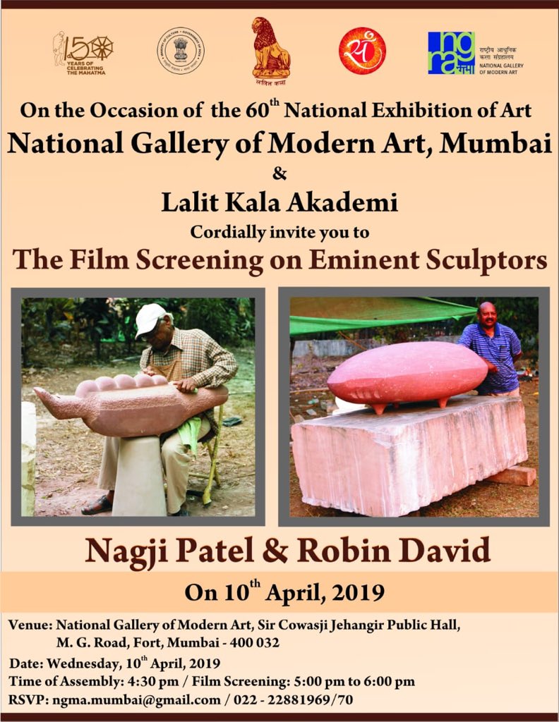 MinOfCultureGoI's tweet photo. @mumbai_ngma and @official_LKA , Ministry of Culture, Govt. of India organizes #FilmScreening on Eminent Sculptors #NagjiPatel and #RobinDavid as a part of #60thNationalExhibitionOfArt on 10th April, 2019, 5pm to 6pm at NGMA, Fort, Mumbai. https://t.co/Qxo5Nn6uiA