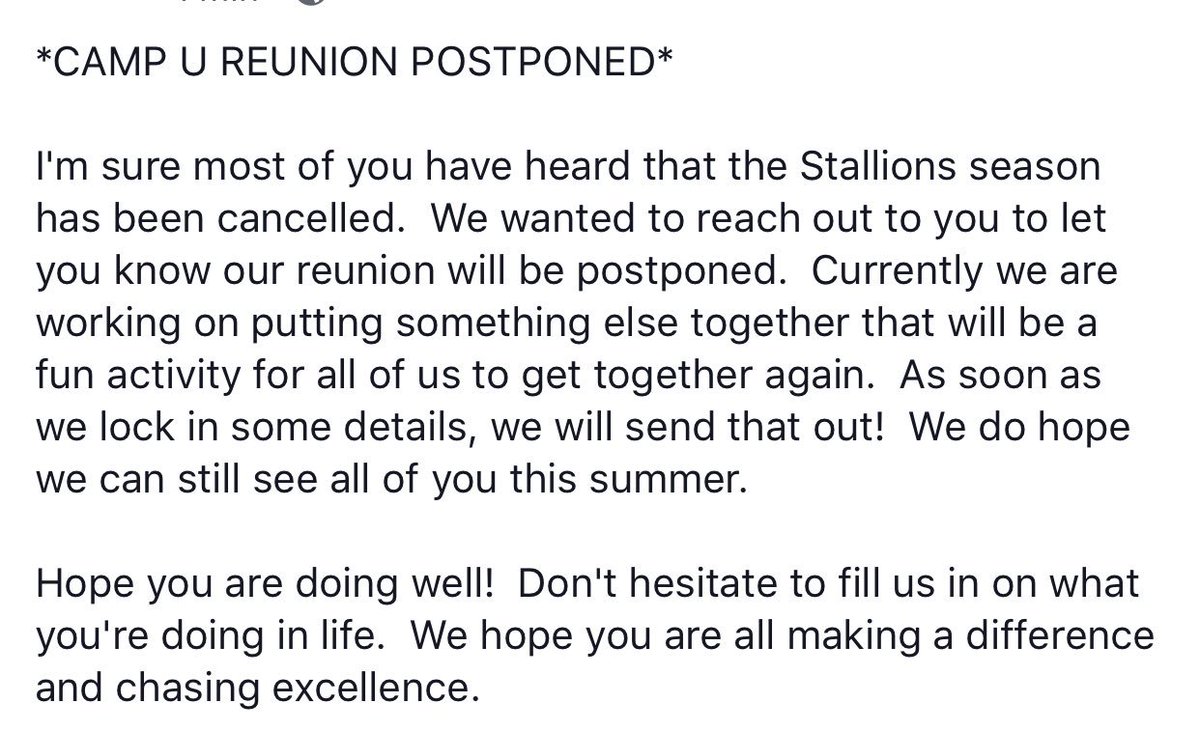 CampULeadership's tweet photo. Camp U Reunion Postponed https://t.co/rCcez32uSv