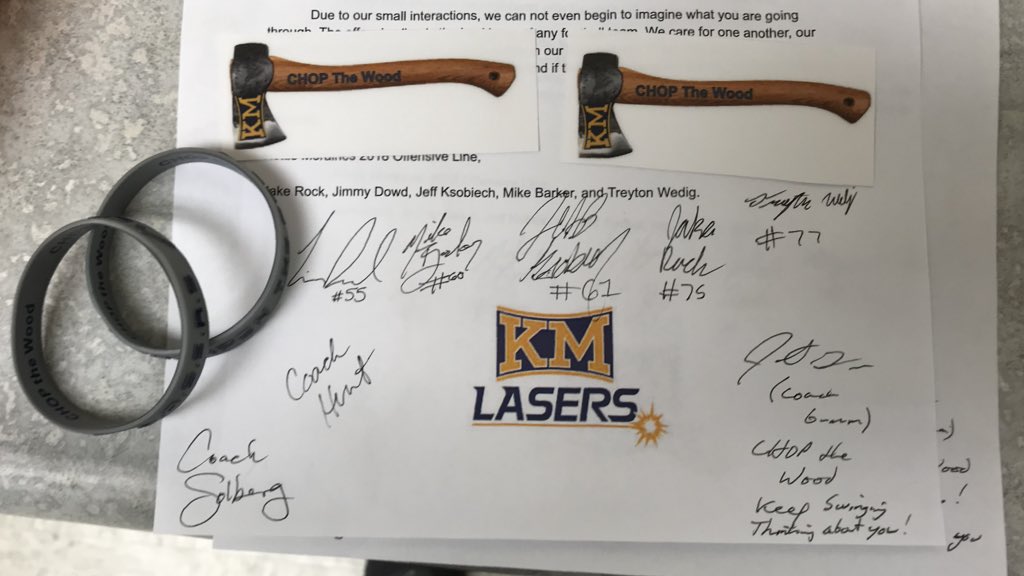 CoachHarris28's tweet photo. Thank you to the @KMLaserFootball Offensive Line. To often we get caught up beating each other in competition. This made my day. I am lucky to be a Coach to so many amazing kids. I am also lucky to Coach against incredible kids&coaches who care this much! #1timeonly #ChopTheWood https://t.co/46TLkpnpLM