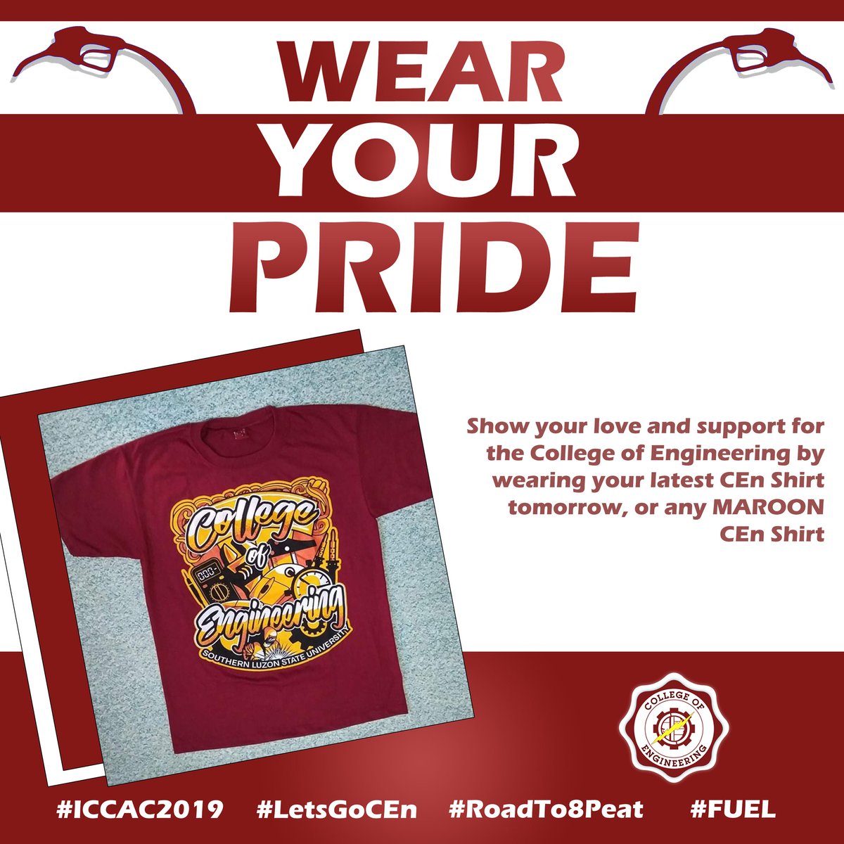 SLSUCEnSC's tweet photo. Gear up for the battle, Future Engineers!

Tomorrow, April 10, 2019, at the ICCAC Opening Parade, let's all wear our color! Wear your new college shirts or, if you don't have one, any maroon shirt of the College of Engineering. 

Attendance for the parade will start at 7:30 am. https://t.co/pjl6XGw0mJ