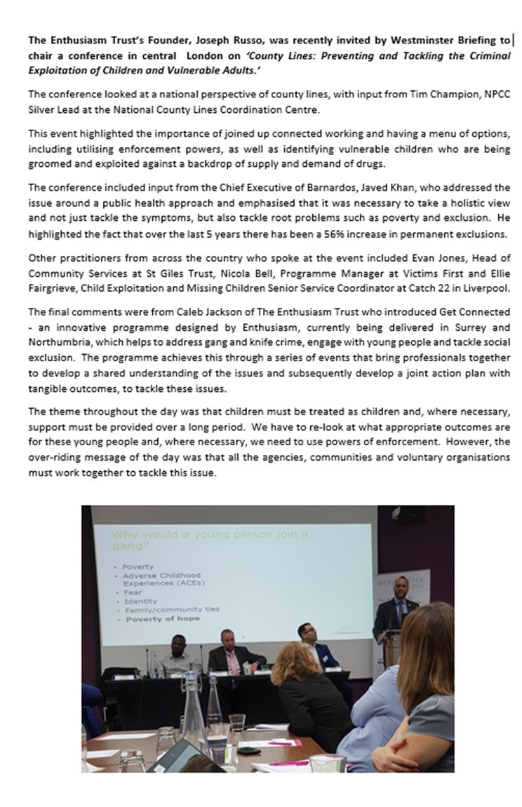EnthusiasmTrust's tweet photo. Good news article-County lines conference march 2019
#Countylines #Vulnerability #SeriousYouthViolence #Knifecrime #EnthusiasmTrust #JoeFounder #DerbyEnthusiasm #prevention #Earlyintervention #WorkingTogether
#Barnardos #Rootproblems #ACEs #PovertyOfHope #CommunityResilience https://t.co/DiNJu7Rpgn
