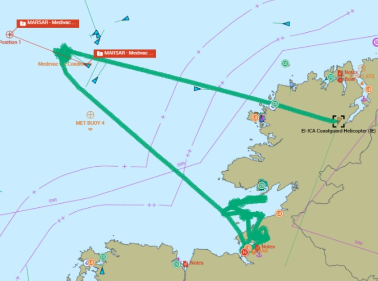 Irish Coast Guard Helicopter R118 completed a medevac from a French fishing vessel 85 nm NW of Sligo this afternoon, MRSC Malin Head Coordinating with MRCC Grez Niez France providing assistance.