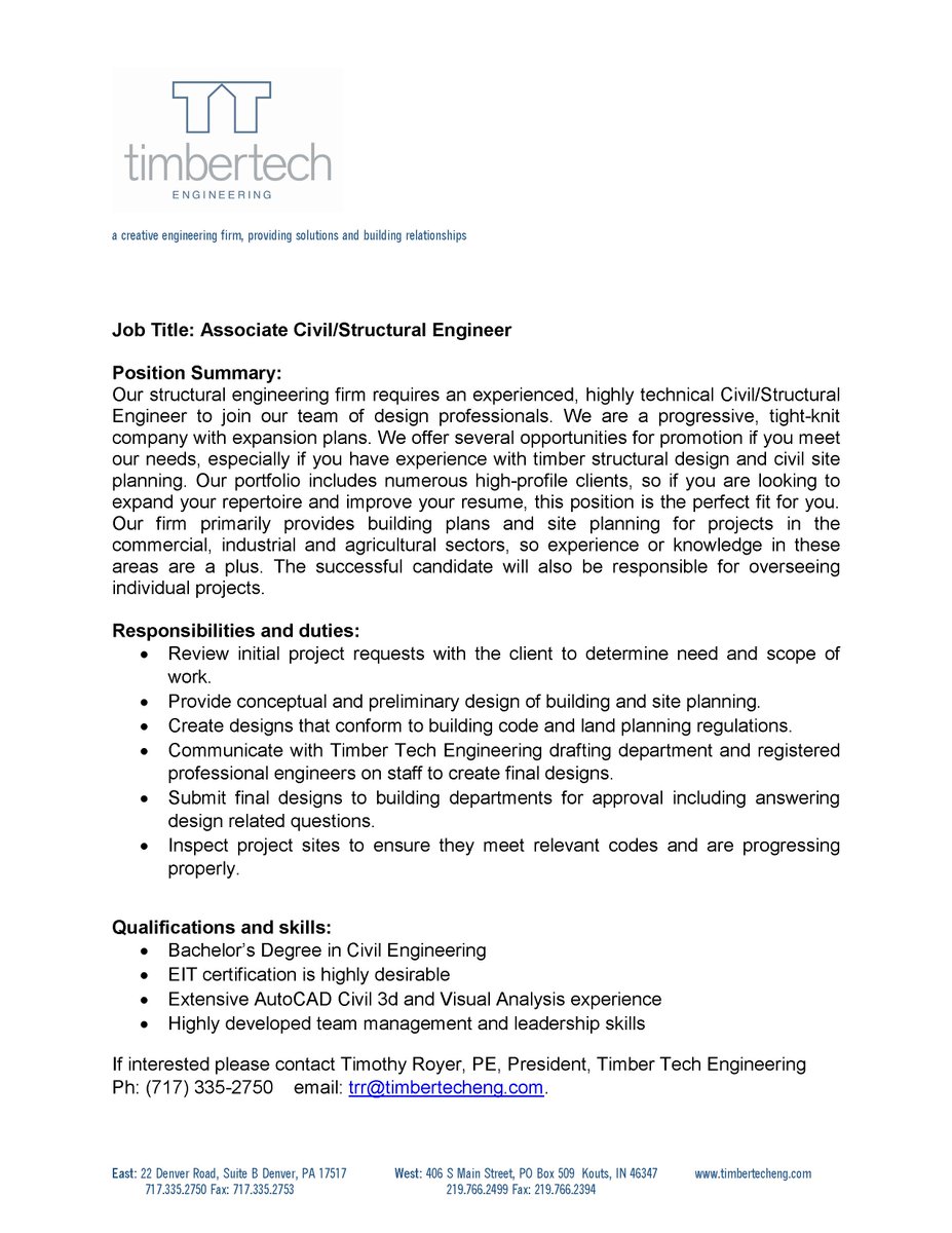Tech Engineering is looking to hire an entry level Civil  Structural Engineer or an experienced Civil Structural Engineer.  See  the attached job descriptions and contact information.